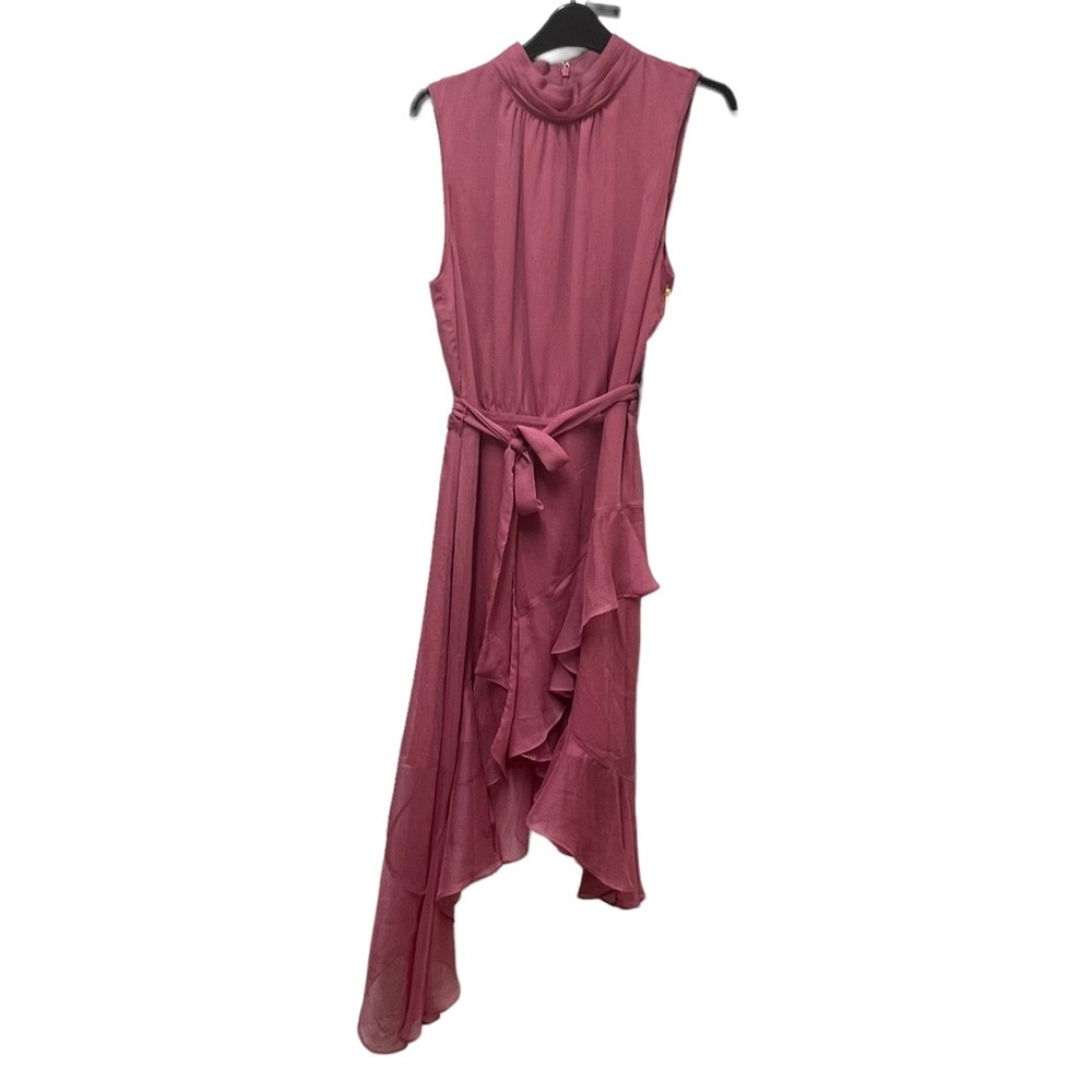 CeCe Pink Ruffle Chiffon Sleeveless Waist Tie Midi Dress Size 12 NWT